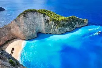 The iconic Ionian scene of Navagio Bay on the north west coast of Zakynthos