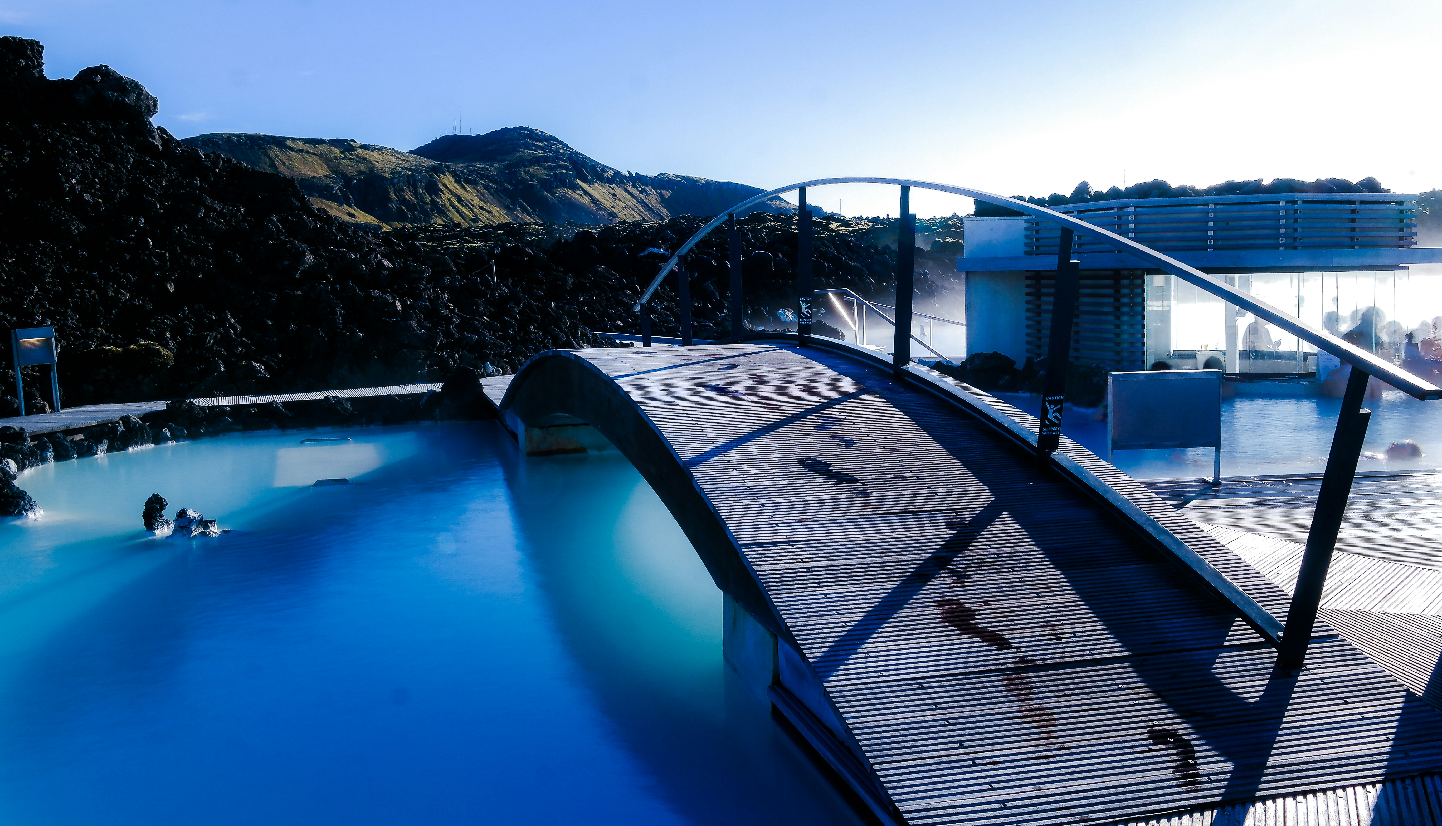 Striking blue waters and wooden walkway at Blue Lagoon