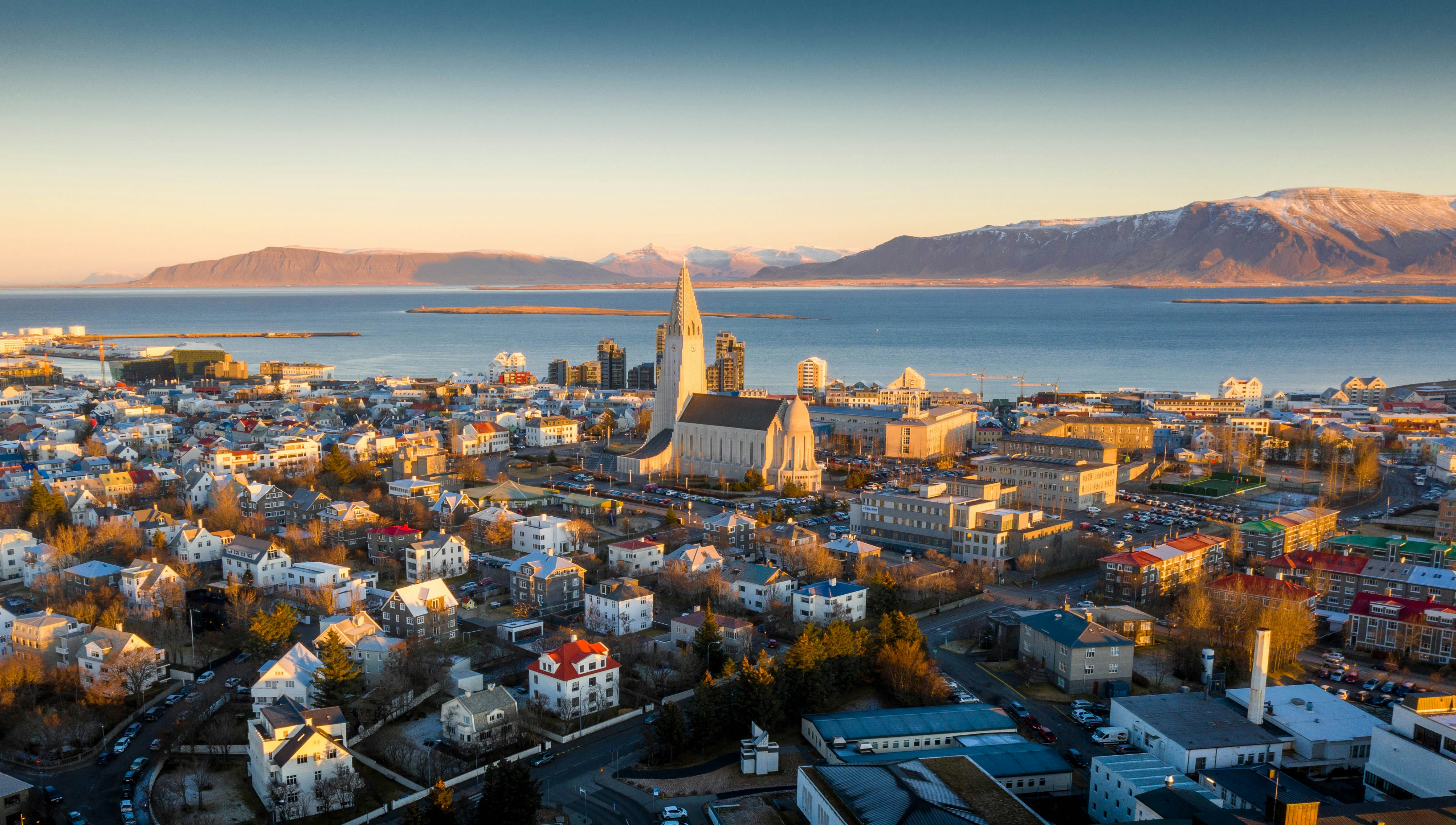 High angle aerial view of Reykjavik city centre