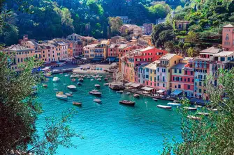 The historic fishing port of Portofino seen from the 16th century fort Castello Brown