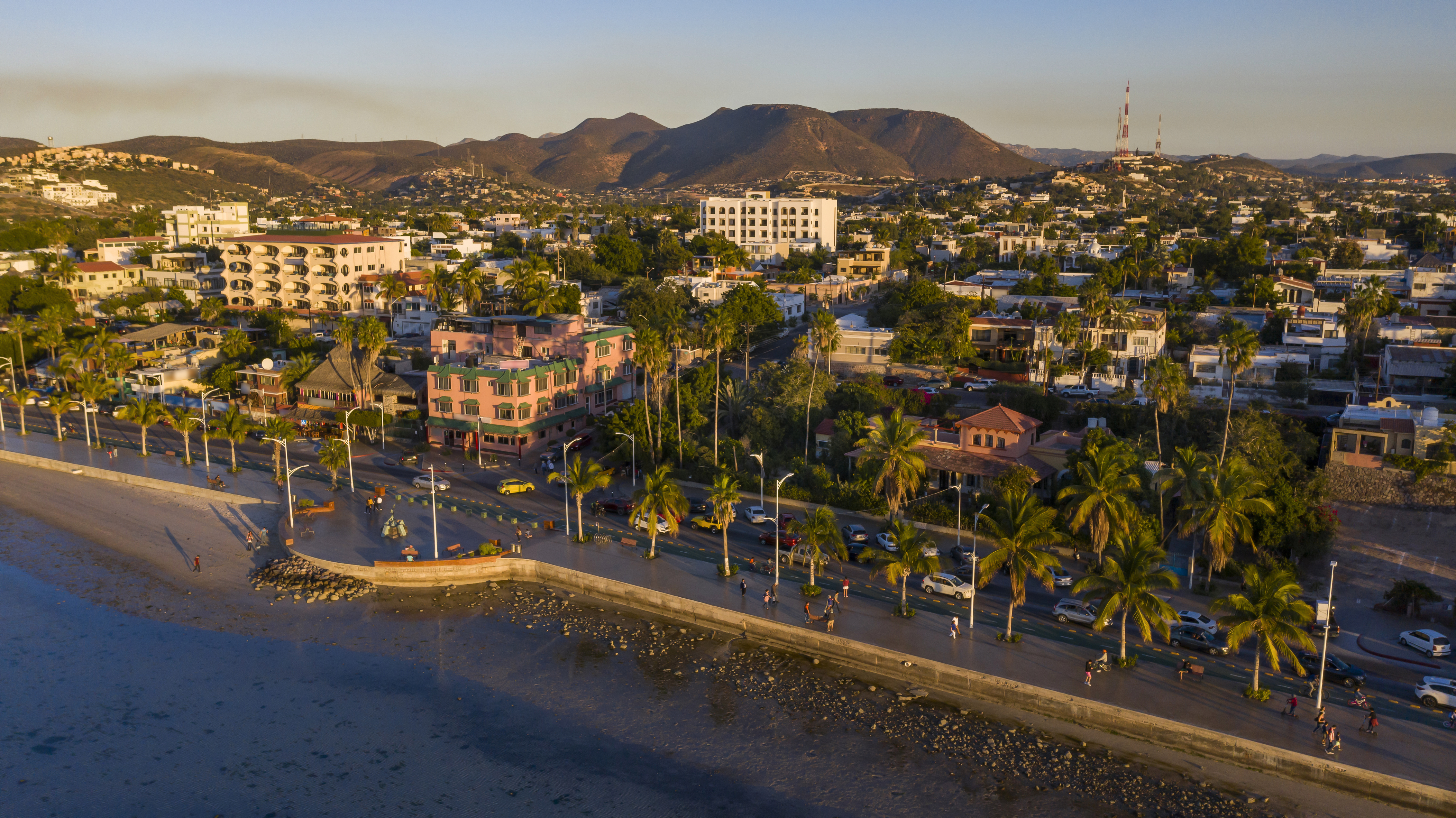 Sunset aerial view of the waterfront area of La Paz, Baja California Sur