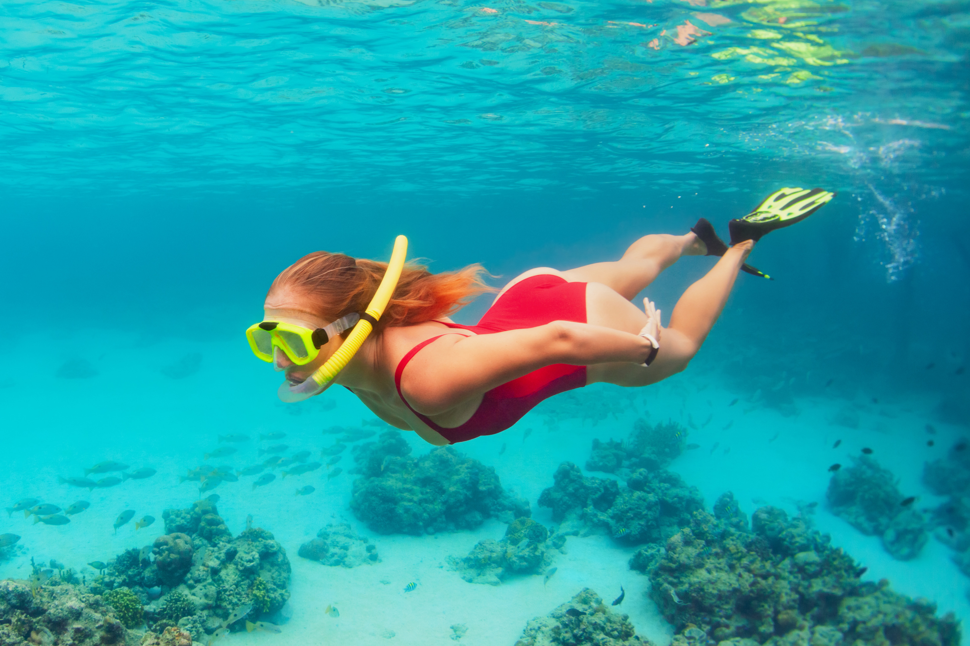 A woman swimming underwater with snorkeling gear