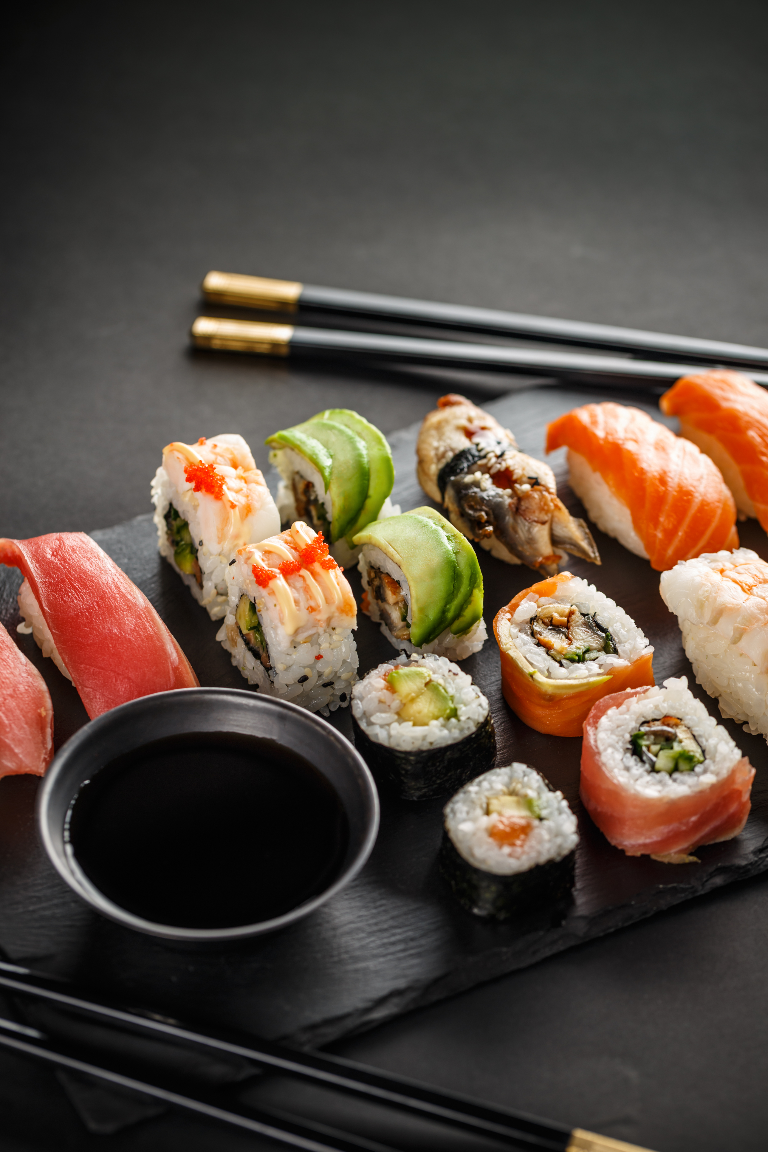 Sushi rolls and shrimp tempura