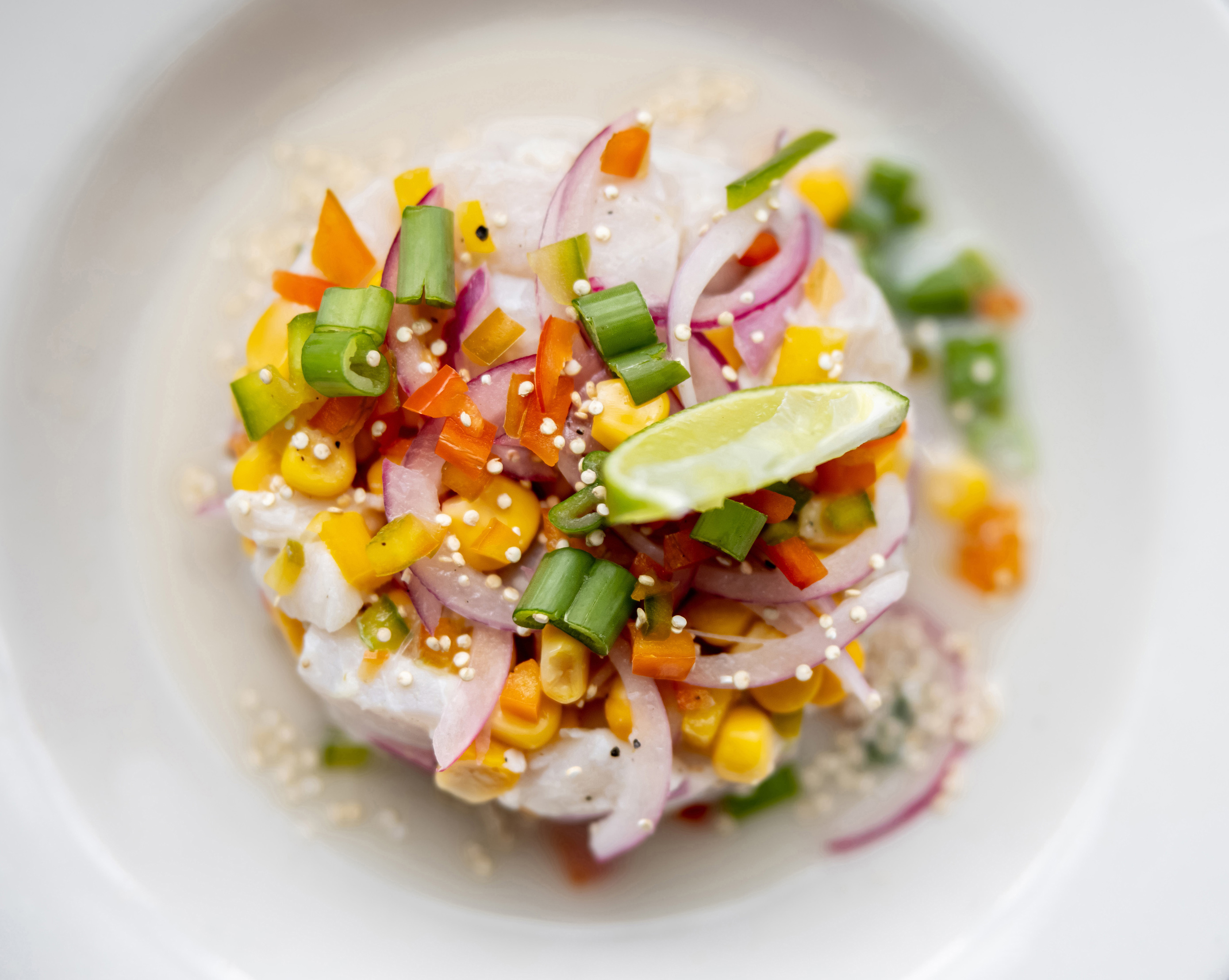 Top-down view of a fresh ceviche dish garnished with red onion, sweetcorn, herbs, and lime wedge