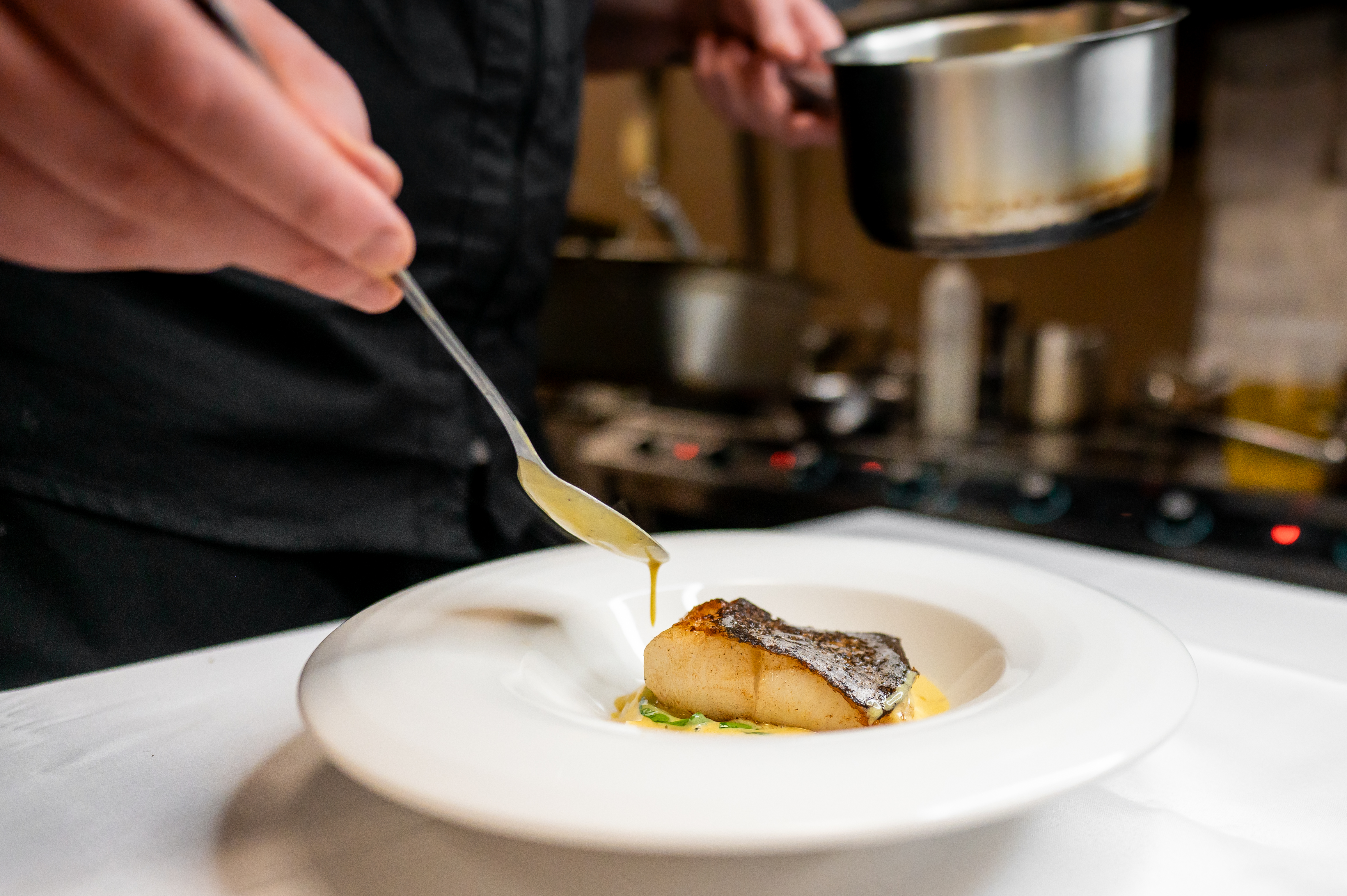 A chef skillfully plating a perfectly cooked piece of fish