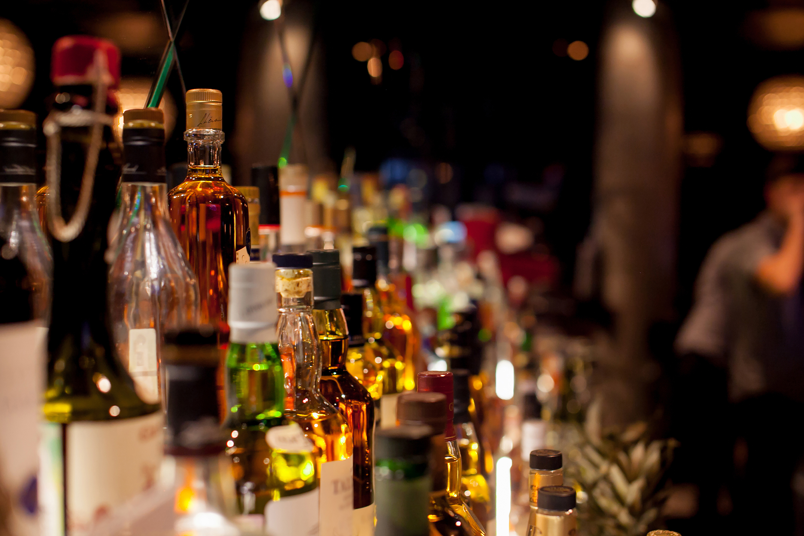 Bottles of spirits and liquor at the bar