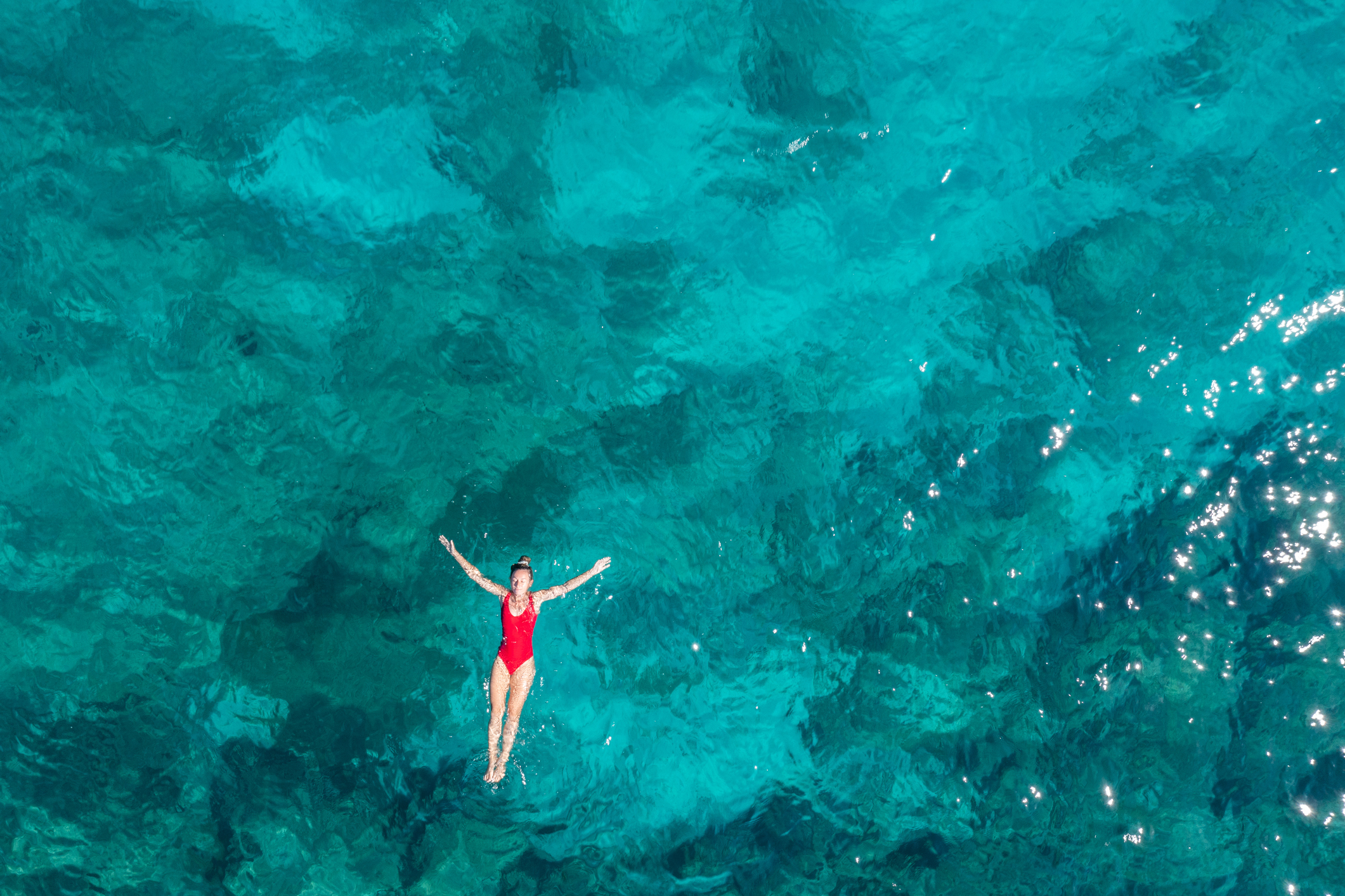 A woman floating in the water