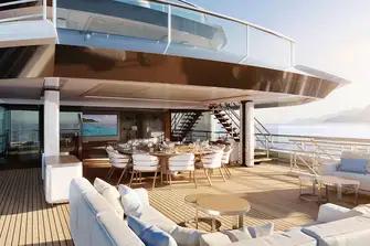 The owner's private deck has lounge, dining and sun lounge aft, with a bedroom suite, private terrace and jacuzzi forward