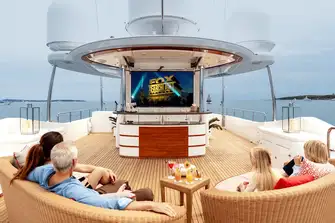 The sun deck has a jacuzzi and sunpads forward, bar and BBQ under the hardtop, outdoor cinema and dayhead