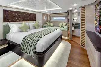 The full-beam owner's suite is aft on the lower deck