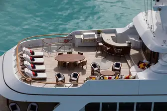 The aft sun deck has a bar, BBQ and pizza oven for open-air dining and entertainment