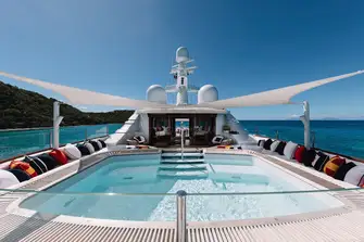 The sun deck has a large pool forward