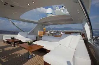 Looking aft from the forward sun deck showing the observation lounge and retractable bimini