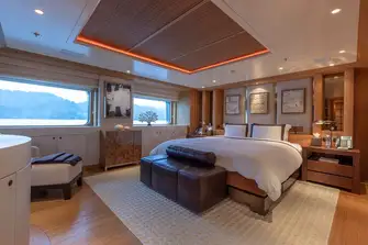 The owner's suite has a bedroom to starboard, a lounge to port, two walk-in wardrobes and his-and-hers bathrooms