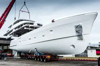 MARTINIQUE's hull and superstructure are united at the Moonen yard