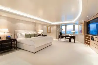 The huge owner's suite is forward on the main deck, with a VIP suite adjacent