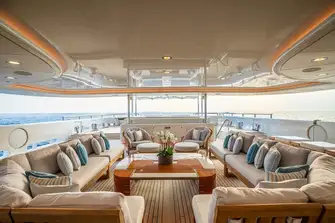 Looking across the main deck aft from the shaded lounge area to the sun lounge beyond with glass bulwark to protect the views