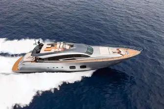 LEVANTINE II has an exhilarating top speed of 40 knots and cruises at 36 knots. Her foredeck lounge and sunpad are also visible