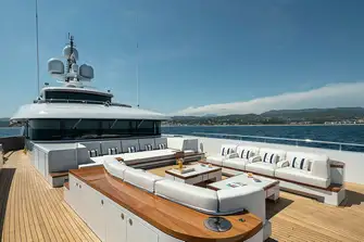A large foredeck lounge provides privacy in port