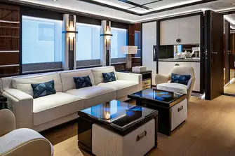 As well as an adjoining twin cabin for children or staff, the VIP suite has its own TV lounge