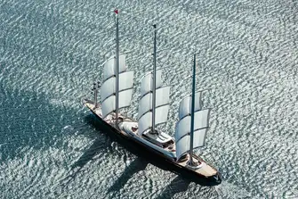 MALTESE FALCON's sail area is furled in the mast and hauled out along the yards by winches