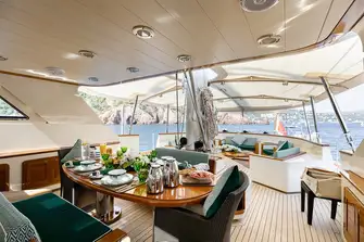 Well-sheltered open-air dining on the main deck aft and a shaded lounge
