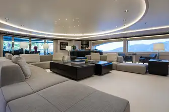 The sky lounge, like the rest of the yacht, has cool, contemporary styling and plenty of natural light