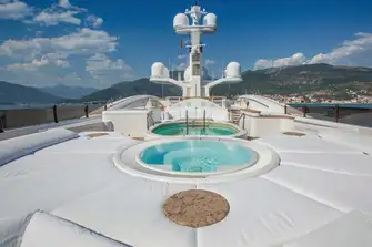 The sun deck has a pool and jacuzzi forward and dining aft. An elevator serves all guest decks