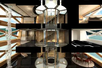 A glass elevator serves all guest decks and runs through a triple-height atrium