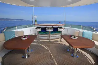 An extensive sun deck has a sit-up wet bar forward, lounge areas port and starboard that would suit informal dining, and occasional seating beneath the hardtop
