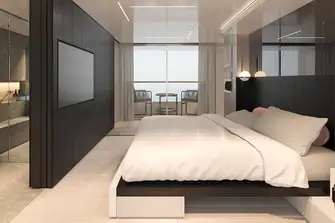 The full-beam owner's suite forward on the main deck (sistership image)