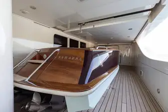 Her tenders are midships on the main deck. There are two more on the foredeck and room for more in the lazarette