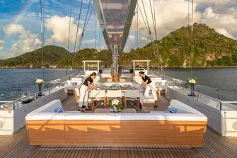 The flybridge is the perfect place to feel the wind in your hair underway, and at anchor you can get an eagle's-eye view of your anchorage in the crow's nest that rises up the middle mast