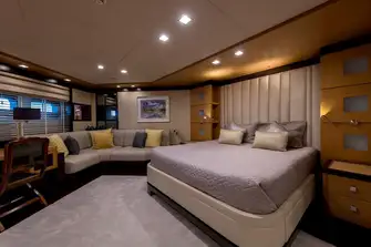 The full-beam VIP suite on the lower deck features a diagonal island berth for added comfort