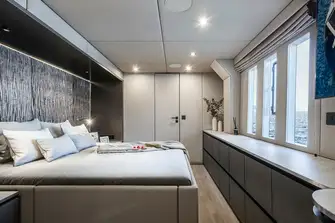 Huge hullports and deck hatches fill the owner's bedroom suite with natural light