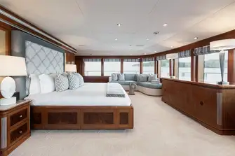 The upper deck master suite. There is a second master suite on the main deck and a VIP suite on the bridge deck