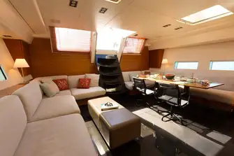 Her main saloon is aft on the lower deck with plenty of ports for natural light