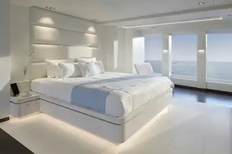 The Cristiano Gatto interiors are uplifting, as seen her in the full beam main deck master suite