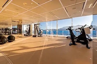 On the port side, opposite the swimming pool, is a vast gym with a sea terrace 