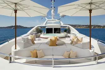 Lounge seating, sunpads and a large jacuzzi on the forward sun deck