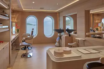 The main deck has a massage room, a hair salon and treatment room