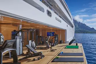 The lower deck gym has palatial scale and an adjacent hammam and dayhead