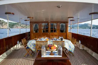 Covered open air dining on the main deck aft