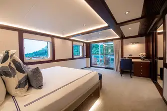 The aft facing owner's suite terrace overlooks the tender deck