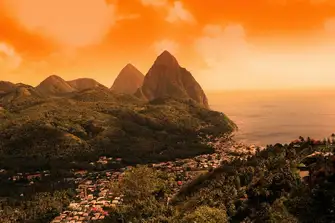 The twin peaks of The Pitons dominate the skyline