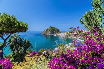 Bougainvillea frames this image of Sant'Angelo on Ischia