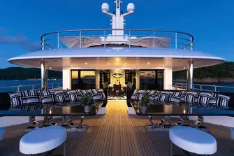 An aft facing lounge on the upper deck aft means guests can relax and enjoy the view after dining while the crew services the dining room unseen