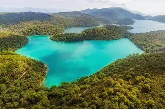 One of the saltwater lakes hidden among the dense pines in Mljet National Park