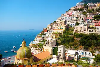 Beautiful views of Positano's Church of St Mary of the Assumption from the terrace of La Sirenuse