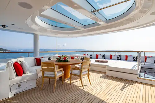 Sun deck seating and sun pads area